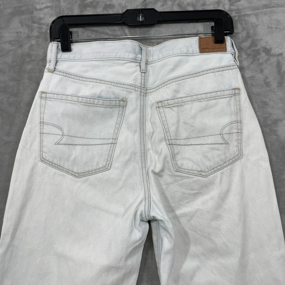 American‎ Eagle Women's 4 L Blue Wide Leg Crop Baggy  Raw Hem Jeans Light Wash